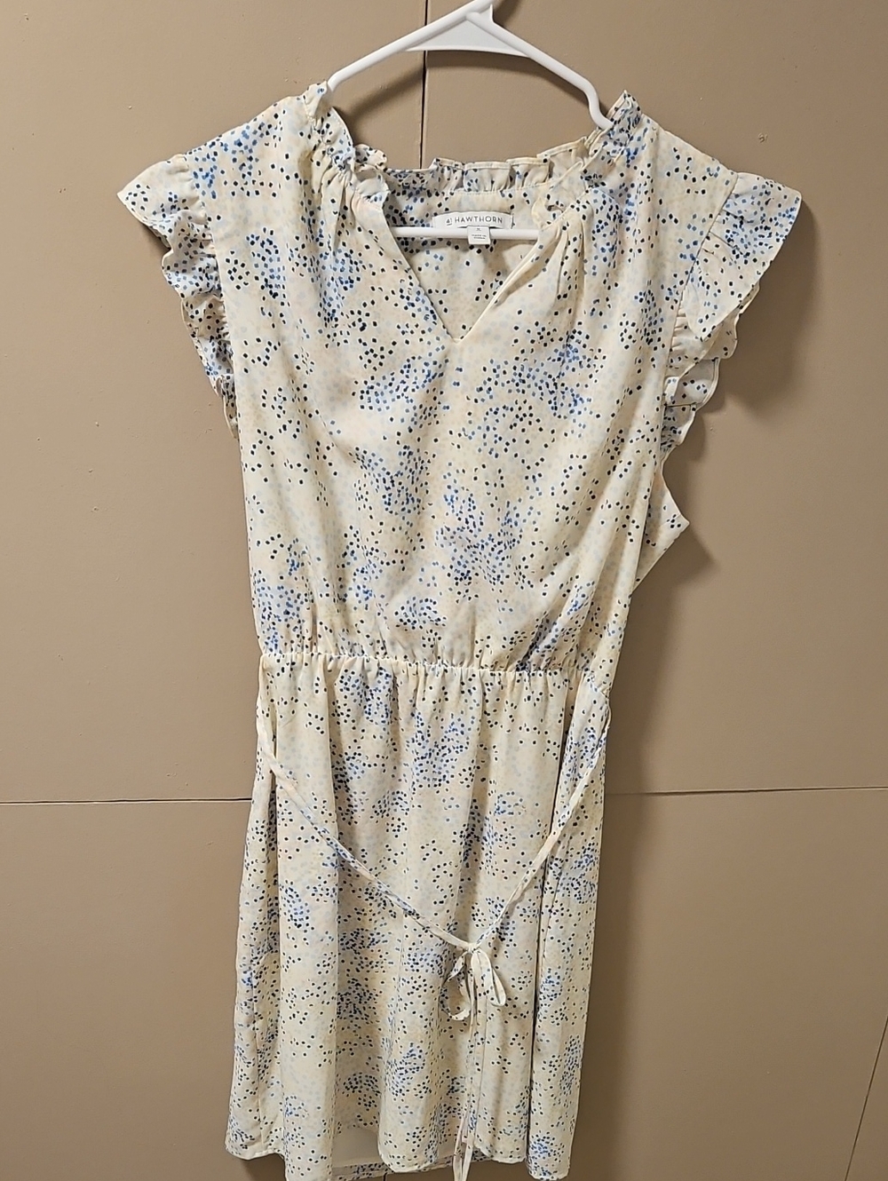 Cream & Light Blue Floral Ruffle Sleeve Dress